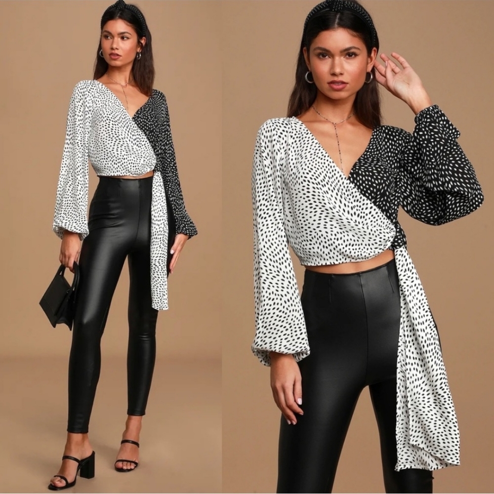 Lulu's You Dot It Black and White Print Two-Tone Long Sleeve Wrap Top